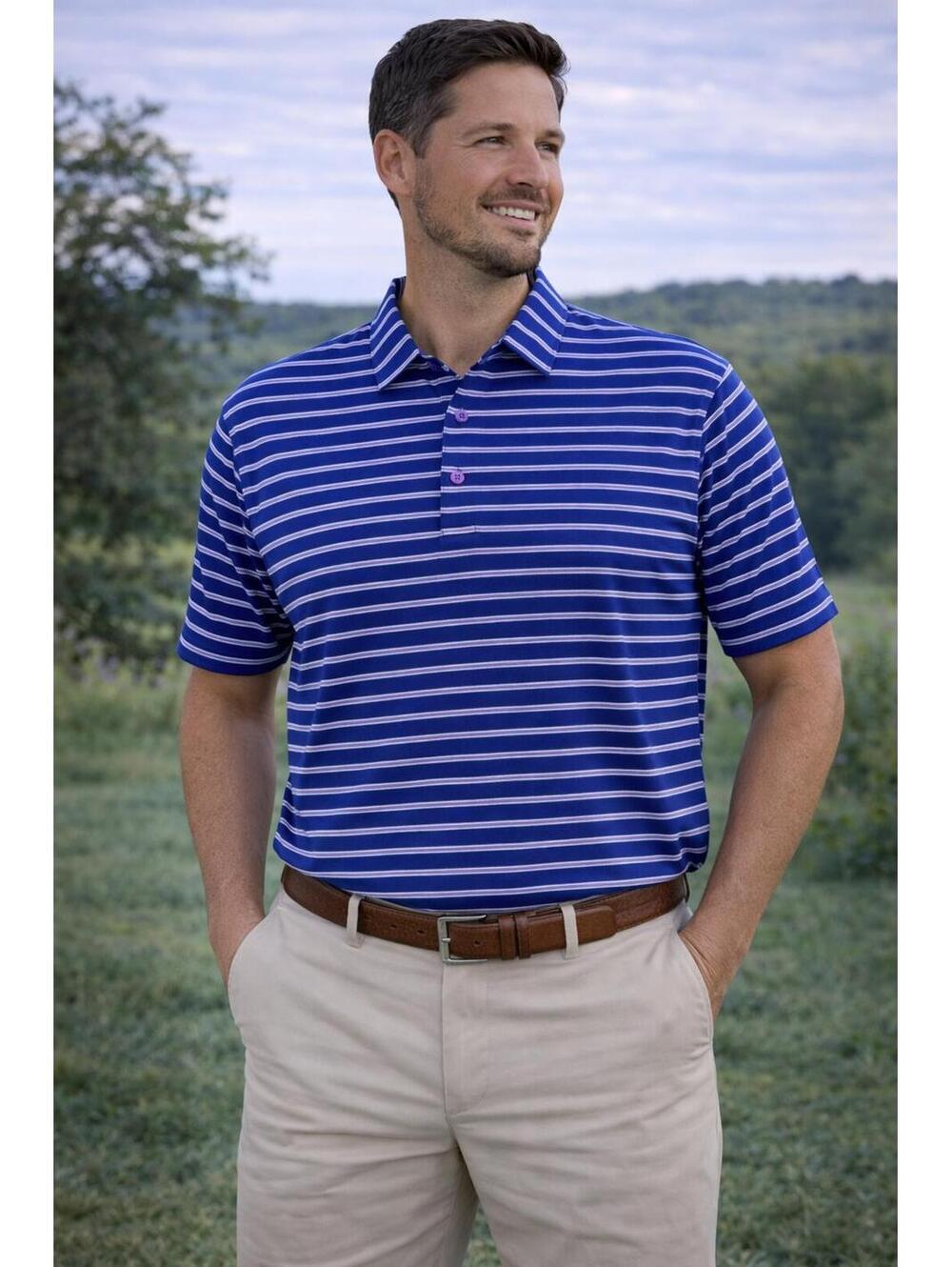 Peter Millar Summer Comfort Polo Blue White Lavender Striped Golf Shirt XL